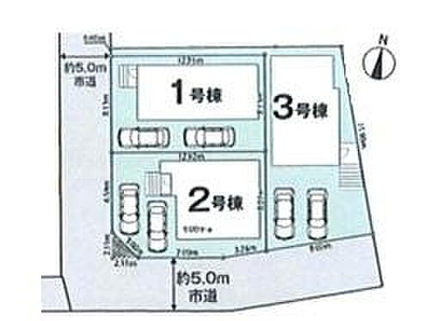 【全体区画図】カースペース2台完備！空いたスペースにはご家族の自転車を駐輪できます◎前面道路は5ｍ道路。お車の駐車も楽々です♪ぜひ一度ご覧下さい！