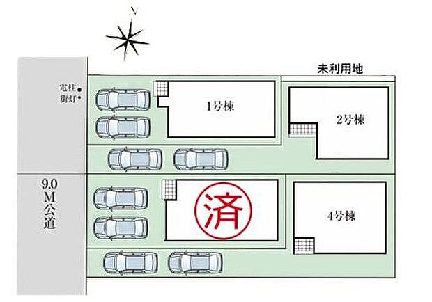 【全体区画図】解放感のある9ｍ道路に面して車庫入れもらくらく♪
コンビニや大型商業施設が徒歩8分にあり便利で落ち着いた環境！ぜひ一度ご覧下さい！