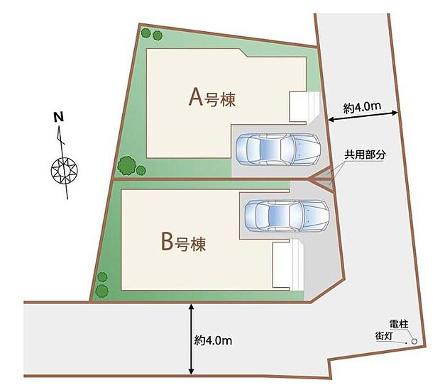 【全体区画図】一戸建ては都心部などの物件を除き、駐車スペース付きの物件が一般的。玄関と駐車スペースとの行き来もしやすく、天候が悪い日などに便利♪ぜひ一度ご覧下さい！
