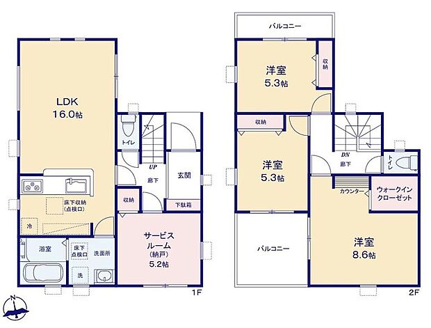 【3LDK+S】1階の広い納戸は窓付きなので、居室としても問題なくお使いいただけます♪効率的でストレスのない家事動線。水回りが集中しており、移動がスムーズです♪奥行きのあるバルコニーは家族分のお布団も楽々干せます。