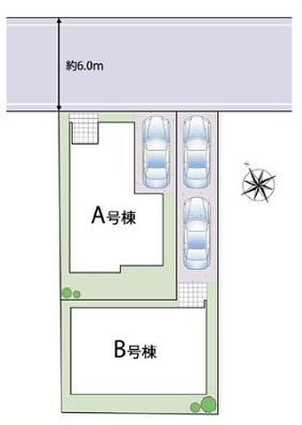 【全体区画図】前道が6mあるので、車庫入れが苦手な方でも安心して入れられます。コンビニや公園が徒歩圏内にそろって便利です!ぜひ一度ご覧下さい!