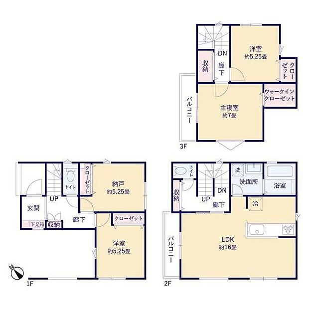 【3LDK+S】バルコニー付き16帖の2階LDK☆対面式キッチンには嬉しい食洗機付き◎
全居室収納完備☆7帖の洋室にはスッキリ片付くWIC＆広々バルコニー完備♪
2面採光で収納付きの納戸は居室・趣味部屋・書斎にも便利です♪