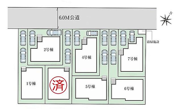 【全体区画図】カースペース2台(車種による)分ございますので来客用の駐車スペースとしてもお使いいただけます。前面道路が6mあるので、車庫入れが苦手な方でも安心して入れられます。ぜひ一度ご覧下さい!