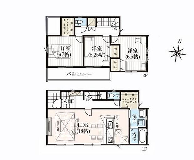 【3LDK】対面域キッチン採用の広々18帖のLDK☆洗面室には多用途に使えるWIC完備♪主寝室にもWICを完備!お洋服はもちろん、お絵かき、工作などお子様の思い出もたっぷり収められる大型収納です♪