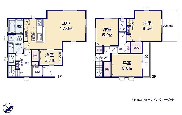 【4LDK】リビング隣の3帖の洋室はコンセント付きのカウンターもあるので勉強部屋や在宅ワークにもおススメ!忙しい朝に並んで支度もできるワイドな洗面室☆
8.5帖の洋室にはコートなどもスッキリ片付くWIC付き♪