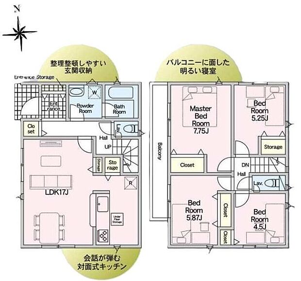 【4LDK】個室の収納、玄関、LDK、廊下の物入など「使うところにしまえる」を設計！お部屋もスッキリ☆
洋室を2階に集約し、プライバシーにも配慮した間取りプラン☆7.75帖の主寝室はバルコニーに面して開放感もあります♪