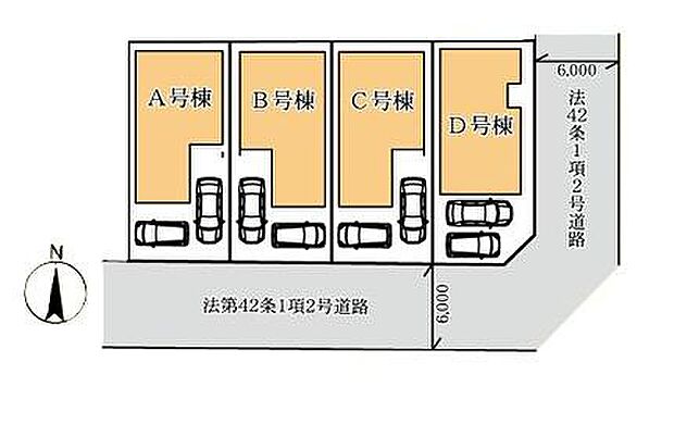 【全体区画図】全4区画を整然と配置し、全棟にカースペース2台分を確保。約30坪前後の敷地を活かし、住空間と駐車スペースのバランスを考えた区画計画です。