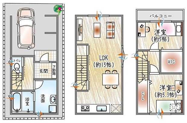 【参考プラン図(1)】3階建て×各居室CL完備の収納充実プラン♪WICもあるのでご家族の荷物をしっかり収納できます！