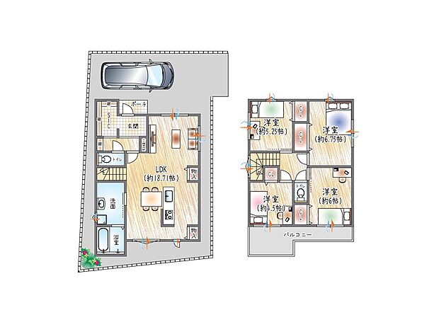 ※ライフシェアメンバーシップ適用価格
【6号地参考プラン図】(セミオーダー住宅 価格:2310万円~)
【建物面積:101.44m2】■1階に水回りを集約し2階に洋室を集約したプライベート空間を確保で