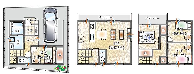 【参考プラン】(ベストプラン建物価格:2180万円~)
■建物面積:99.18m2 ■3階建て×4LDK
・全居室に収納を備えた、使い勝手◎キッチンからリビングまで見渡せる18.5帖のLDK!