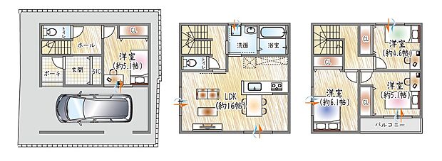 【参考プラン(1)】(ベストプラン建物価格：2430万円～)
■建物面積：98.56m2 ■3階建て×4LDK
2階に水廻りをギュッと集約！家事効率◎の間取り