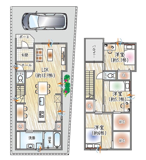 【参考プラン(1)】(ベストプラン建物価格：2180万円～)
■建物面積：93.50m2 ■2階建て×3LDK
大容量WIC ・各居室収納付きでスッキリ整うお家◎