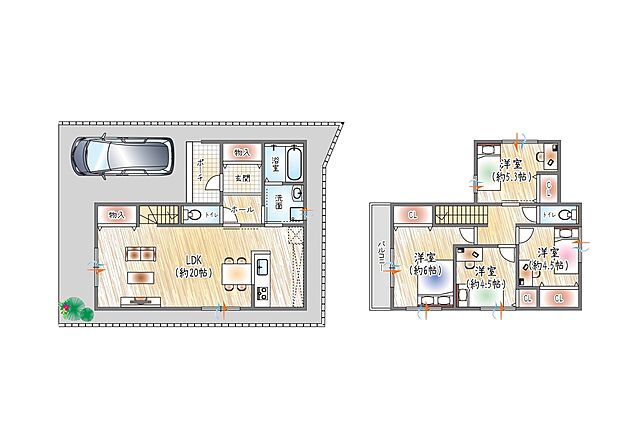 【2号地／参考プラン図】
(ベストプラン住宅 建物価格：2430万円～)
■2階建て／4LDK　■建物面積：約98.56m2
20帖の開放的なリビングと水回りがまとまった、暮らしやすい生活空間。
