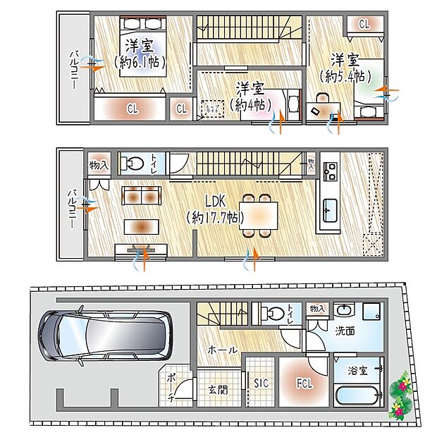 【参考プラン(1)】(ベストプラン建物価格：2480万円～)
■建物面積：93.24m2 ■3階建て×3LDK
17帖LDKとFCL・SICで、収納と動線が整う快適な住まい◎