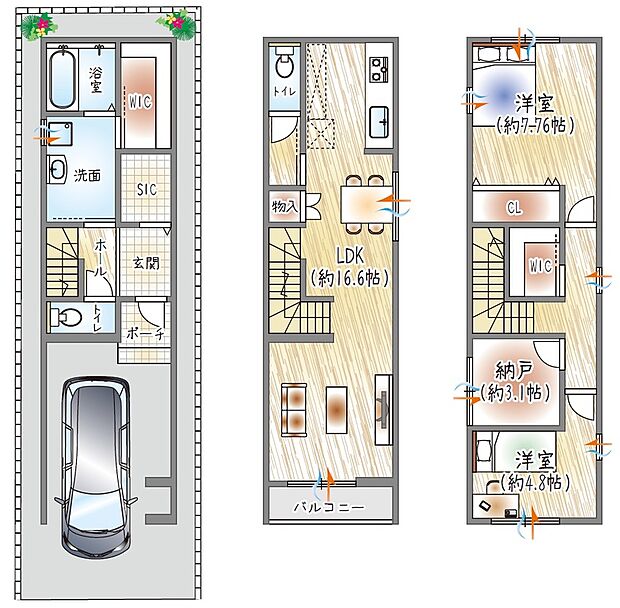 【参考プラン(1)】(ベストプラン建物価格：2430万円～)
■建物面積：94.42m2 ■3階建て×2SLDK
ゆとりある洗面空間×豊富な収納　動線にも配慮した間取り◎