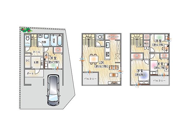 【参考プラン(1)】(ベストプラン建物価格：2430万円～)
■建物面積：98.94m2 ■3階建て×4LDK
SIC＋パントリー付きで収納充実◎スッキリ暮らせる間取り設計！