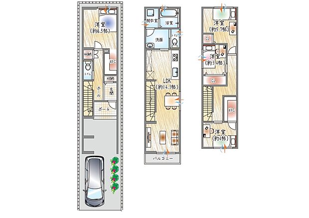 【参考プラン(1)】(ベストプラン建物価格:2480万円~)
■建物面積:98.55m2 ■3階建て×4LDK
2階水回り集約+WIC2か所家事も片付けもスムーズな住まい