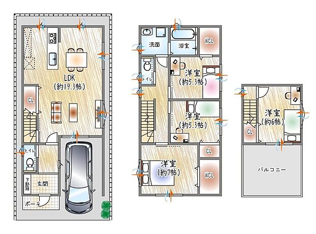 【【駐車1台可能プランのご提案】】1階LDKを採用しました。2階に洋室を3部屋、3階に1部屋配置しているため、書斎など、ライフスタイルに合わせて使用可能です◎