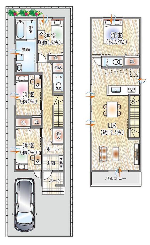 【【1号地／参考プラン(4)】】(セミオーダー建物価格：2580万円～) 
■建物面積：105.15m2　■2階建て×4LDK
開放的な19帖超LDK×豊富な収納で開放感のある住まい！2階LDKでプライバシーも安心♪