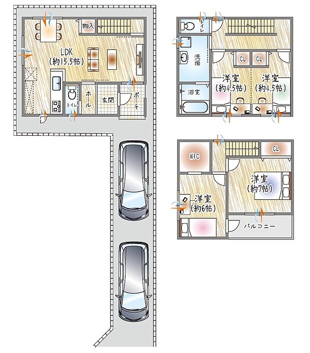 【【4号地/参考プラン(2)】】(ベストプラン建物価格:2430万円~)
■建物面積:99.16m2 ■3階建て×4LDK
WICとゆとりある洗面を備えた、使い勝手に配慮した1階LDKの住まい