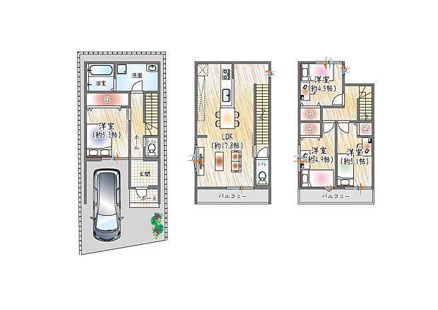 【【参考プラン図(3)】】(ベストプラン住宅 建物価格:2380万円~)
■3階建て/4LDK ■建物面積:約98.11m2
濡れずに乗り降りできる、安心のビルトインガレージ付き!