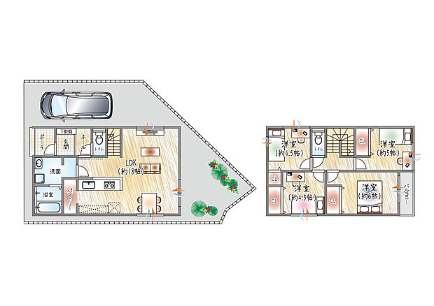 【【1号地／参考プラン図(2)】】(ベストプラン住宅 建物価格：2430万円～)
■2階建て／4LDK　■建物面積：約94.42m2
パントリー付きで収納も充実◎片付けやすく、快適に暮らせる住まい。
