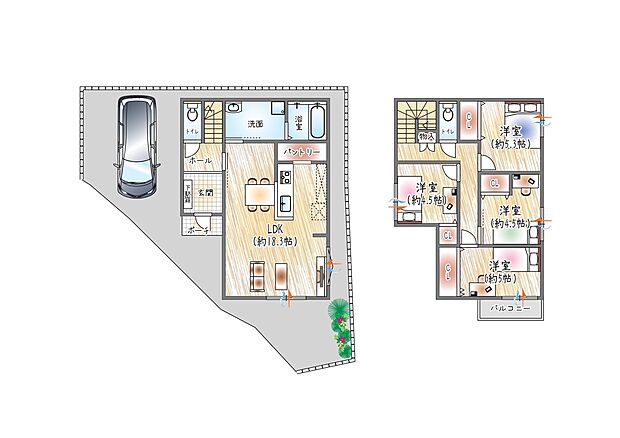 【【4号地／参考プラン図(1)】】(ベストプラン住宅 建物価格：2430万円～)
■2階建て／4LDK　■建物面積：約98.54m2
大容量のパントリー付き！18帖のLDKに西側から明るい陽光が差し込む住空間◎