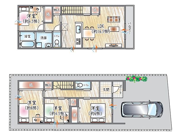 【【参考プラン(3)】】(ベストプラン建物価格:2430万円~)
■建物面積:97.29m2 ■2階建て×4LDK
水回りを2階にまとめた、家事がしやすい快適な住まい
