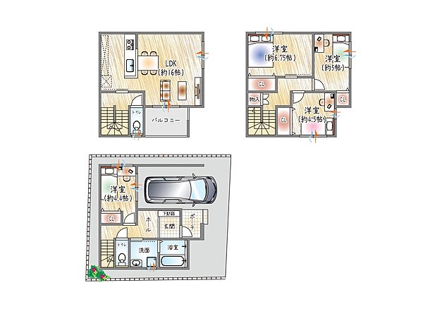 【【参考プラン(3)】】(ベストプラン建物価格：2430万円～)
■建物面積：100.75m2 ■3階建て×4LDK
家族時間が広がる2階LDK。4LDK×収納充実の住まい。