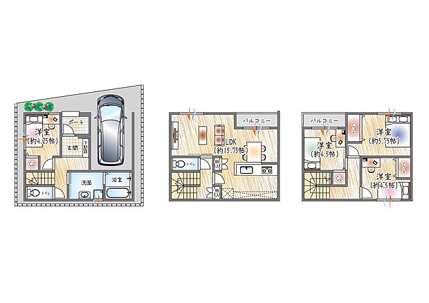 【4LDK】【参考プラン(2)】(ベストプラン建物価格：2480万円～)
■建物面積：94.43m2 ■3階建て×4LDK
北側バルコニーからやわらかな安定した光が差し込み、心地よく過ごせるリビング◎