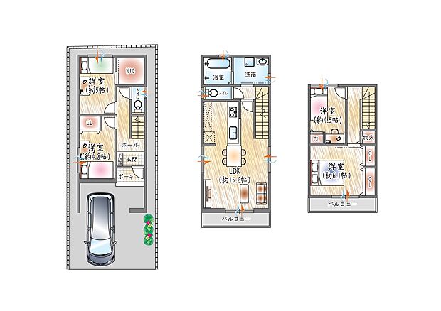 【【1号地/参考プラン(2)】】(ベストプラン建物価格:2480万円~)
■建物面積:97.10m2 ■3階建て×4LDK
2階水回り集約◎家事動線に配慮した間取り。大容量のWICですっきり収納できる住まい。