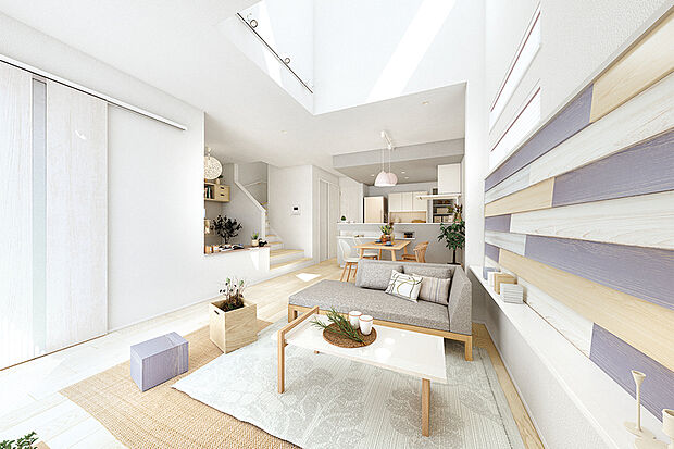 【【STAGE/家族が自然と集う居心地のよさ】】リビングにいる家族が見渡せる一段高いステージ空間のある住まい。暖かみのあるシャビーミルクの木目も相まって、家族が集まる居心地の良いパブリックスペースをつくります。※号棟により採用状況が異なります。