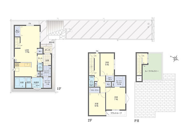 【3LDK】 ※5号地の(128.56m2(専用通路部分約49.83m2含む))土地は、2段宅地(約78.73m2と約49.83m2部分・高低差約1.9m)です。