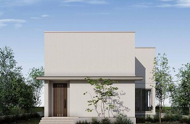 建物プラン例(5号地)。建物価格2,634.5万円、建物面積105.83m2。洗練されたシンプルモダンな外観と、暮らしやすさを追求した間取りで、ご家族の理想の住まいをご提案します。
