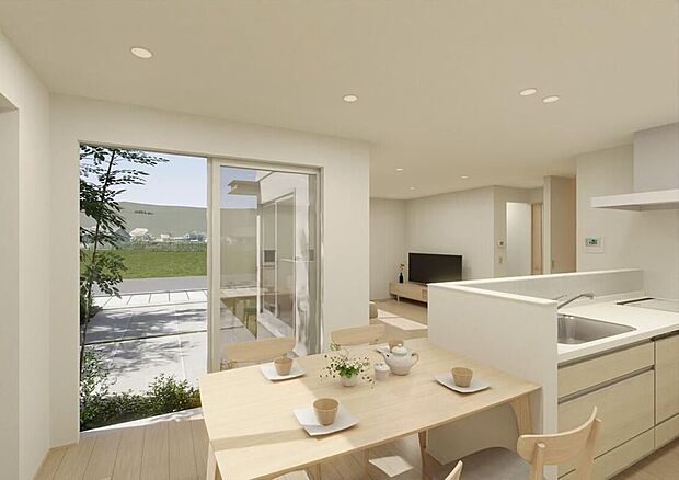【建物プラン例(パース・内観)】建物プラン例(5号地)。建物価格2,634.5万円、建物面積105.83m2。大きな窓から自然光が差し込む明るいLDKは、開放感あふれる空間。家族との会話が弾む対面キッチンを採用し、快適な暮らしを実現します。