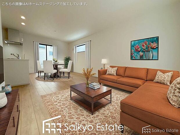 【リビング(施工例)】開放感と採光にこだわった約17.6帖の広々としたLDKです。陽光いっぱいの空間で家族団らんの時間も増えそうですね!