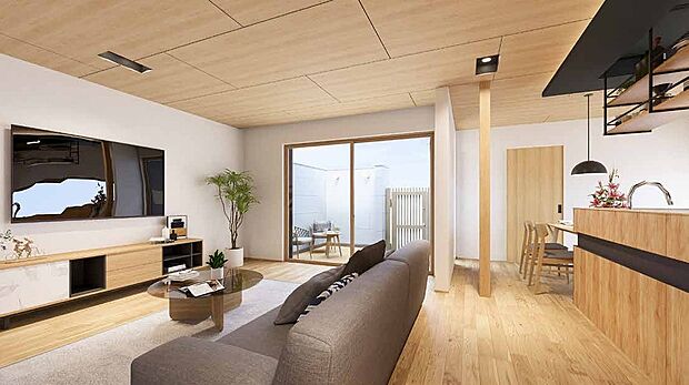 【リビング完成予想図】開放感と採光にこだわった22.62帖の広々としたLDKです。陽光いっぱいの空間で家族団らんの時間も増えそうですね！（リビング完成予想図）