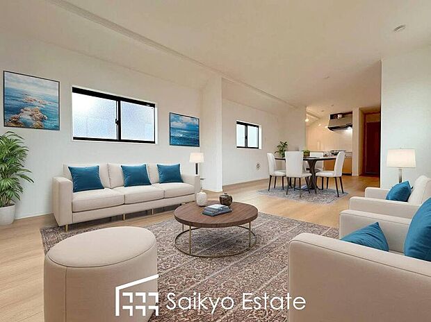 【リビング【施工例】】ロングスパンのLDKは家具の配置など楽しめます！ダイニングテーブルとソファーを置いても余裕の広さです！
