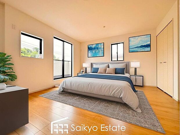 【洋室(施工例)】2面採光で明るく風通しも良好です!天気の良い日は是非窓を開けて空気の入れ替えをしてみるのはいかがでしょうか♪