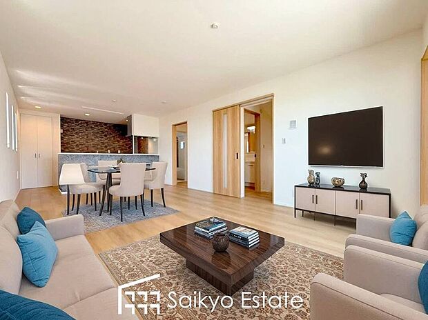 【リビング（施工例）】リビングには床暖房を完備。冬でもポカポカ快適空間！空気を汚さずに室内を快適な温度に保ちます。