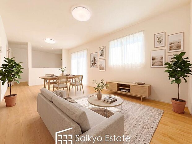 【リビング(施工例)】採光良好なリビングは、ご家族の憩いの空間。うれしい床暖房完備で寒い季節も足元から暖めてくれます!