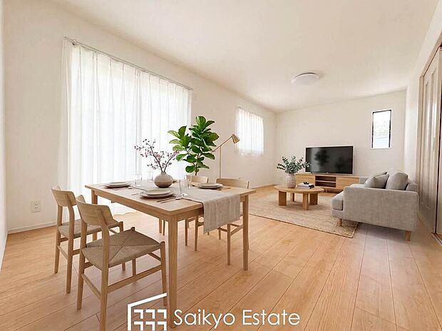 【リビング【施工例】】開放感と採光にこだわった17.5帖の広々としたLDKです。陽光いっぱいの空間で家族団らんの時間も増えそうですね!