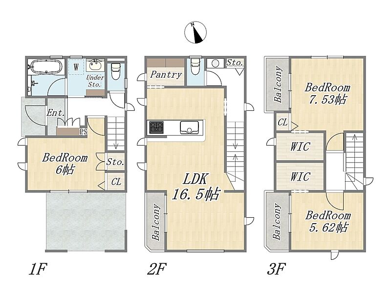 【間取り図】
Plan：3LDK+2WIC+Pantry+ビルトインガレージ
土地面積：64.89m2（19.62m2）
建物面積：106.86m2（32.32坪）