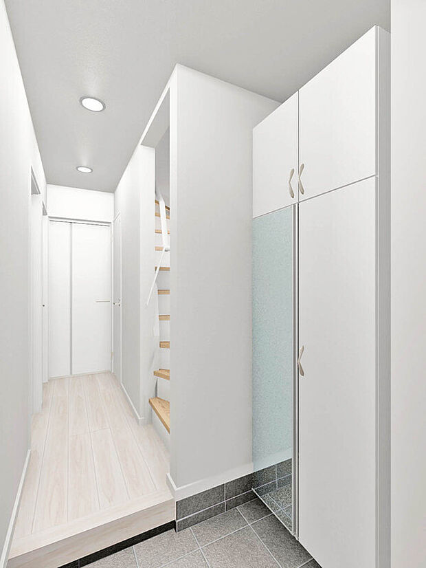 【建物完成イメージパース：Entrance】
鏡面仕上げのシューズボックスが備わっており、お出掛け前に髪型や服装などをチェックすることができます。