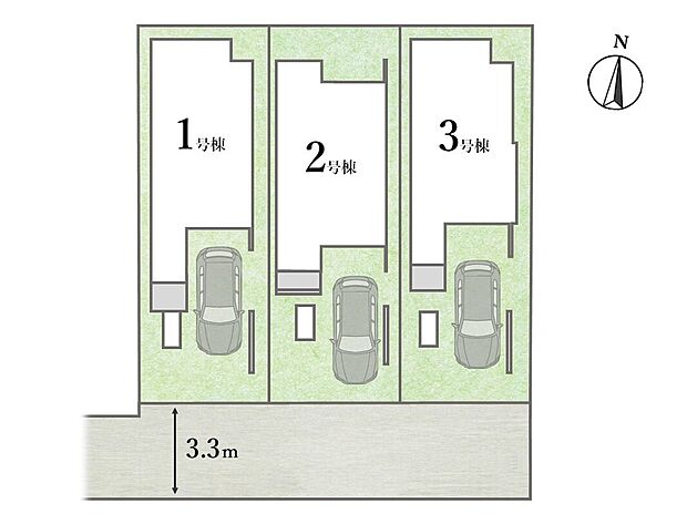 【全体区画図】
コンビニ徒歩2分、ドラッグストア徒歩3分と気軽に利用しやすい徒歩圏内に商業施設が点在している環境。保育園～中学校までの教育施設が通学しやすい徒歩11分圏内と子育て世帯でも安心の住環境。
