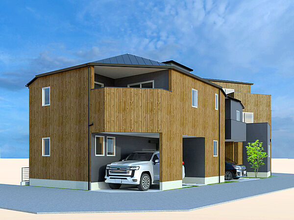 【建物完成イメージパース】
注文住宅のようなデザインにこだわったアトリエ建築家が設計監修する邸宅。
モダンで洗練された印象で温かみのある個性的なデザイン。
LDK18帖超の4LDKプラン！