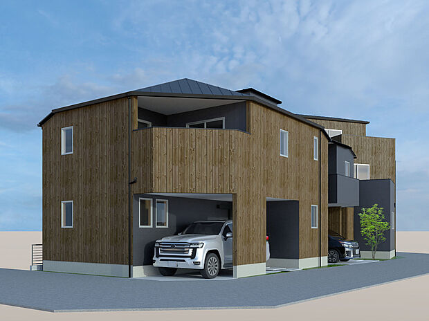 【建物完成イメージパース】
長期優良住宅、設計性能評価書取得で安心して永く暮らせる住まいとなっております。
2～3階建ての各棟異なる設計で、暮らしに合った住まいを選べます。