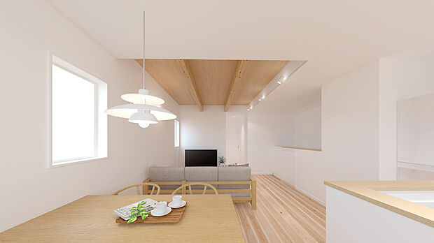 【建物完成イメージパース LDK：2号棟】
キッチン・洗面ルーム・バスルームなどの水周りが同じ階にあるため、家事効率が良くなります！ふと思ったときすぐ家事を行えるので面倒な階段の往復がなくなるのもメリ