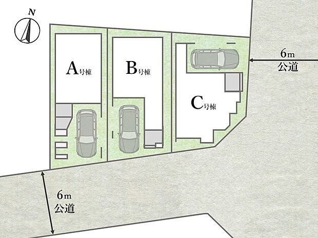 【全体区画図】
南側6m×東6m公道路に面した開放的な立地に佇む限定3棟!各棟異なるプランニングでライフスタイルに合った住まいを選ぶことができる分譲地。