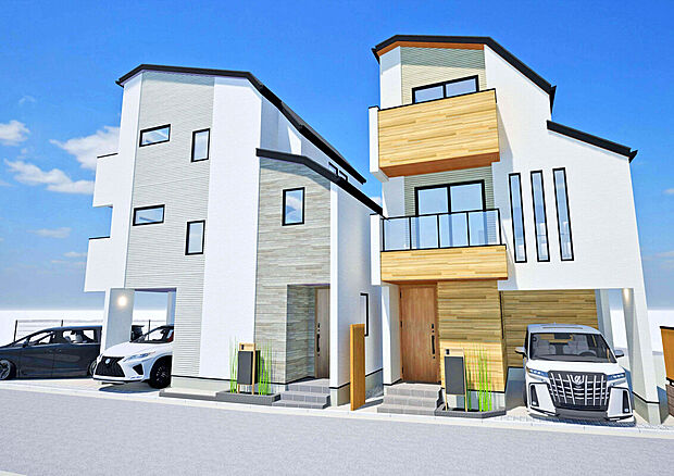 【【建物イメージパース:外観】】4~5部屋の三階建てプランで家族全員が自分だけのプライベートスペースを持つことが叶います!